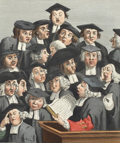 Wykład, ilustracja z „Hogarth Restored: The Whole Works of the sławny William Hogarth, ponownie grawerowany przez Thomasa Cooka”, wyd. 1812 (grawerowanie ręcznie kolorowane) autorstwa William Hogarth
