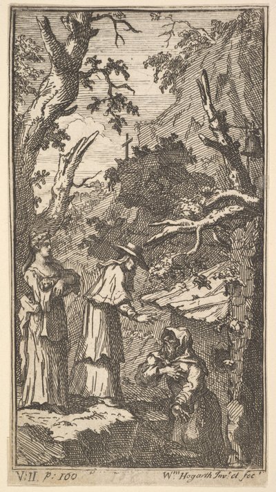 Nowa metamorfoza, płyta 7: Kardynał, pustelnik i Donna Angela Holding Fantasio, 1724. autorstwa William Hogarth