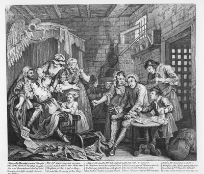 Grabie w więzieniu, płyta VII, z „Postępu grabieży”, 1735 autorstwa William Hogarth