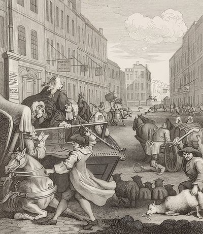 Drugi etap okrucieństwa. Od: Cztery etapy okrucieństwa / Cztery etapy okrucieństwa. 1751 autorstwa William Hogarth