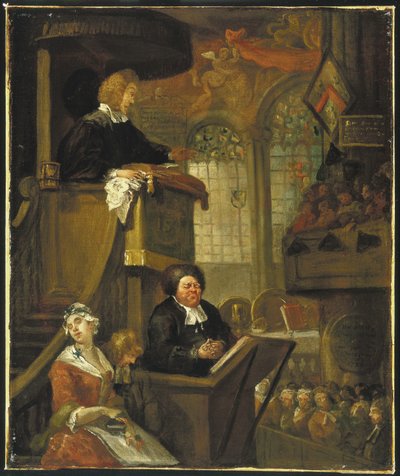 Zbór Śpiący, 1728 autorstwa William Hogarth