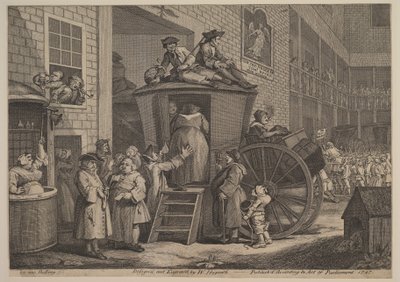 Dyliżans, czyli Country Inn Yard, 1747. autorstwa William Hogarth