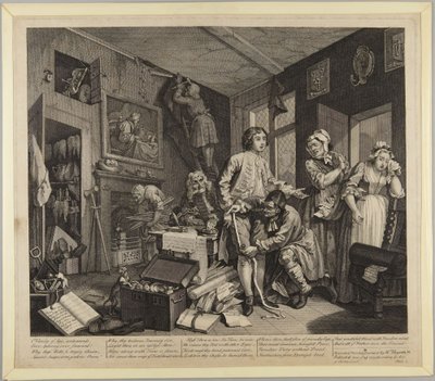 Młody dziedzic obejmuje posiadłość, tablica 1 z cyklu Kariera rozpustnika autorstwa William Hogarth