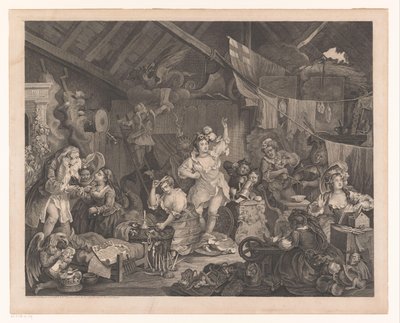 Przebrane aktorki i dzieci w stodole Przechadzające się aktorki przebierają się w stodole autorstwa William Hogarth
