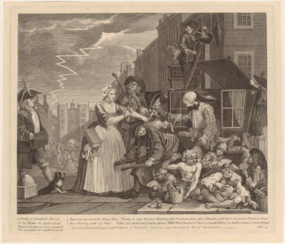 Aresztowany za długi, plansza 4 z cyklu „Życie rozpustnika” autorstwa William Hogarth