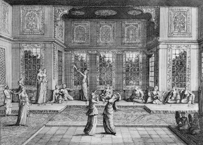 Kobiety tańczące w Haremie z „Podróży s. A. de la Motraye w Europie, Azji i Afryce”, wydanej w 1723 r., autorstwa William Hogarth