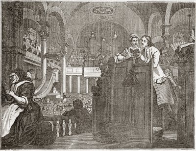 pracowity „Prentice pełniący obowiązki chrześcijanina”, z serii „Przemysł i bezczynność””, październik 1747 – Tabliczka z serii 12 rycin Williama Hogartha (1697-1764), brytyjskiego ilustratora, zatytułowana „Przemysł i bezczynność” ”, „Zele a autorstwa William Hogarth
