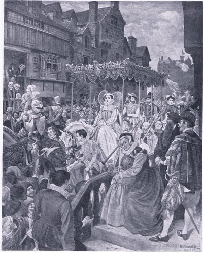 Stanowe wejście królowej Marii do Edynburga 1561, z Cassells History of the British People opublikowanej przez Waverley Book Company, c. 1950 (litografia) autorstwa William Hole