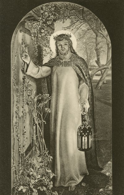 Światło świata, obraz w Keble College, Oxford, Oxfordshire, przedstawiający Chrystusa niosącego latarnię i pukającego do drzwi (zdjęcie czarno-białe) autorstwa William Holman (after) Hunt