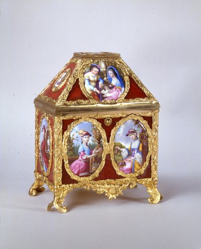 Szkatułka Jerzego III zawierająca zegarek z krawędzią w stylu Jamesa Coxa, ok. 1770 (metal złocony, emalia i verre-eglomise) (patrz także 741846) autorstwa William Hopkins Craft