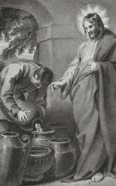 Chrystus zamienia wodę w wino, z „Historii i życia naszego Błogosławionego Pana i Zbawiciela Jezusa Chrystusa”, wielebnego J. Milnera, opublikowanej przez B. Crosby