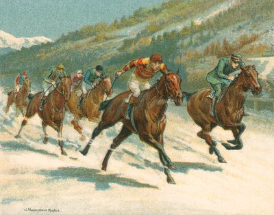 Wyścigi historyczne i współczesne, wyścigi płaskie (konne) na lodzie (chromolitho) autorstwa William Hounsom Byles