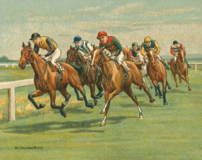 Wyścigi historyczne i współczesne, wyścigi płaskie, konne, współczesne (chromolitho) autorstwa William Hounsom Byles