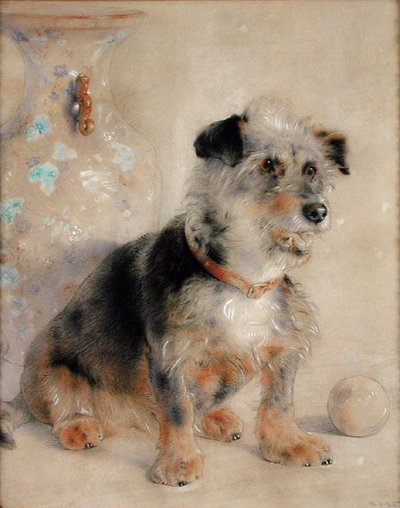 Terrier siedzący przed wazonem Canton Famile Rose autorstwa William Huggins