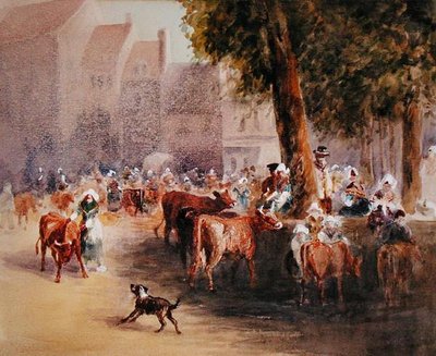 Wczesny poranek na wiejskim targu bydła (akwarela na papierze) autorstwa William Hunt