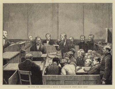 Oskarżenia w Hyde Parku, szkic w sądzie policyjnym przy Marlborough Street autorstwa William III Bromley