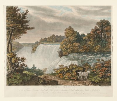 Wodospad Niagara. Thomasowi Dixonowi Esq. z szacunkiem poświęcono ten widok na American Fall, wykonany z Goat Island autorstwa William James Bennett