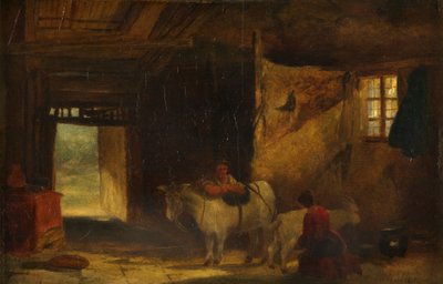 Walijskie wnętrze z dziewczyną dojącą kozę (olej na panelu) autorstwa William James Muller