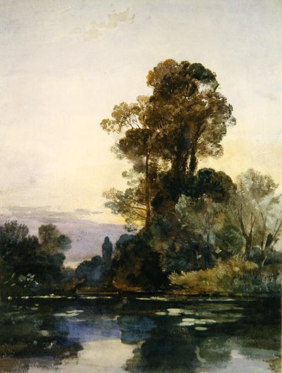 Wysokie drzewa nad jeziorem (akwarela i bodycolor na papierze) autorstwa William James Muller