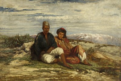 Dwie siedzące postacie arabskie (olej na płótnie) autorstwa William James Muller