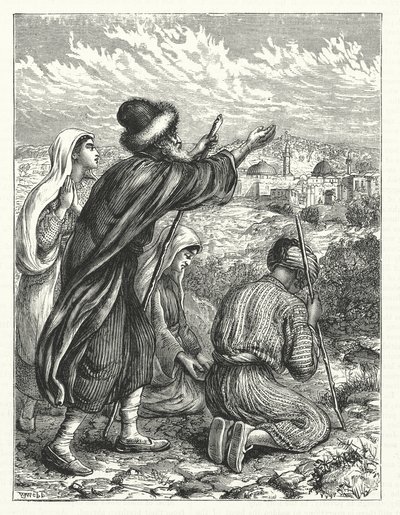 Żydowscy pielgrzymi na tle Jerozolimy (rycina) autorstwa William James Webbe