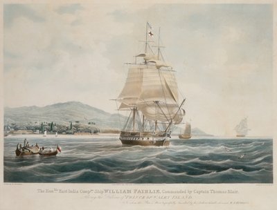 Statek Kompanii Wschodnioindyjskiej „William Fairlie” dowodzony przez kapitana Thomasa Blaira opuszcza port Wyspy Księcia Walii autorstwa William John (after) Huggins