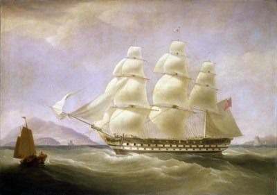 Indyjska łódź "Triton" u wybrzeży Chin, z widoczną małą lokalną łodzią. Olej na płótnie autorstwa William John Huggins