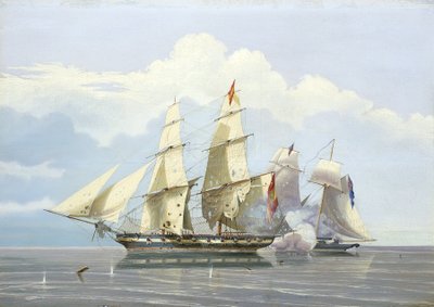 "Przechwycenie hiszpańskiego statku handlującego niewolnikami "Formidable" przez HMS "Buzzard", 17 grudnia". autorstwa William John Huggins
