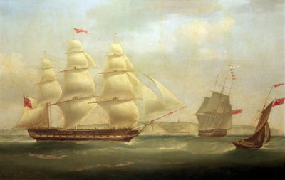 Statek "Roxburgh Castle" wraz ze statkiem "Sir Edward Paget", u wybrzeży Dover (Anglia), z zamkiem widocznym w tle. autorstwa William John Huggins