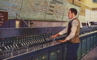 Nowoczesna elektryczna skrzynka sygnalizacyjna (kolorowa litografia) autorstwa William John Patton McDowell