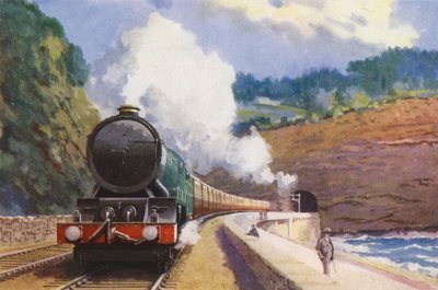 GWR Cornish Riviera Express, ciągnięty przez lokomotywę klasy "King", na trasie między Londynem a Penzance (kolorowa litografia) autorstwa William John Patton McDowell