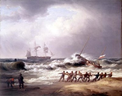 Łódź ratunkowa płynąca do statku w niebezpieczeństwie (olej na płótnie) autorstwa William Joy
