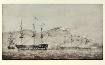 Statki HMS "Wellesley", "Columbine" i "Grisel" u wybrzeży Amoy (Chiny) w 1841 r. Lavis autorstwa William Joy