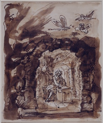 Alexander Pope w swojej grocie, ok. 1730 r. (Pióro i atrament z brązowym przetarciem ołówka na papierze) autorstwa William Kent