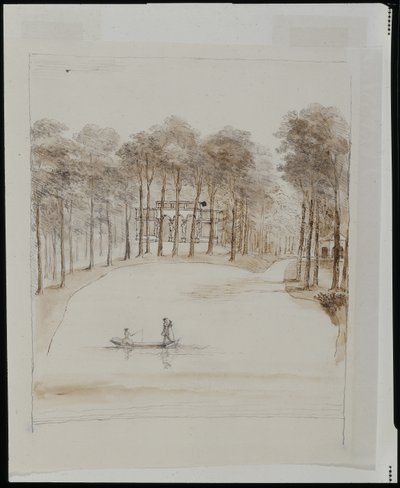Ptaszarnia w Chiswick; basen z parą w łódce, kobieta łowiąca ryby (pióro i brąz przemyj ołówkiem na papierze) autorstwa William Kent