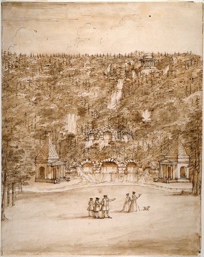 Chatsworth: projekt kaskady, wczesne lata 40. (pióro i brązowy atrament z brązowym ołówkiem na papierze) autorstwa William Kent