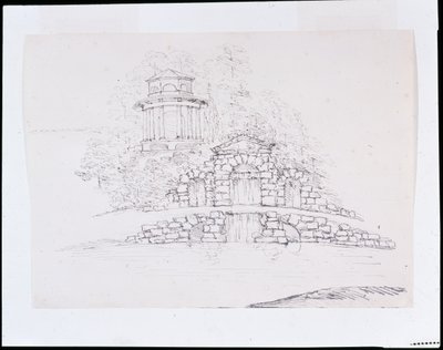 Chiswick, projekt kaskady słowa rocka z ośmiokątną dorycką świątynią na tarasie z tyłu (pióro i atrament na ołówku na papierze) autorstwa William Kent