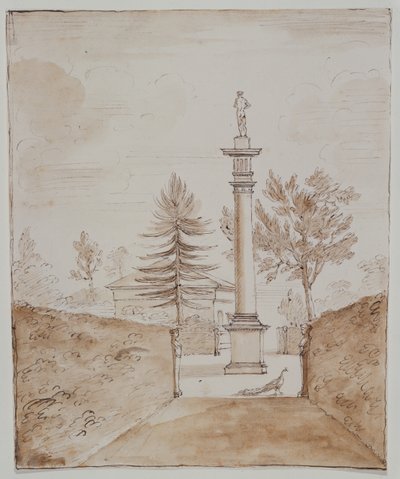 Chiswick, widok na kolumnę dorycką z posągiem Wenus z Medyceuszy i spojrzenie na bok domu jelenia (pióro i atrament na papierze) autorstwa William Kent
