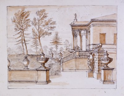 Chiswick, widok willi od strony posągu Inigo Jonesa (pióro i atrament oraz przemycie ołówkiem na papierze) autorstwa William Kent