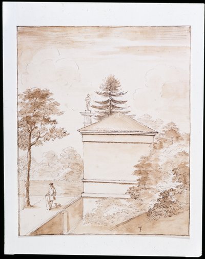 Chiswick, widok z boku Domu Jelenia wzięty z wewnętrznego nasypu ha-ha zagrody dla jeleni oraz z przebłyskiem Kolumny Doryckiej (pióro i pranie na papierze) autorstwa William Kent