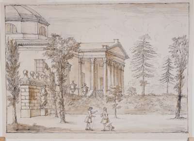 Chiswick, widok willi od strony posągu Palladio (pióro i atrament oraz przemycie ołówkiem na papierze) autorstwa William Kent