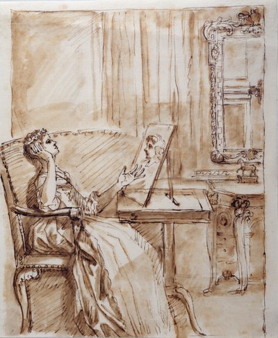 Lady Burlington siedząca w swoim pokoju ogrodowym i podziwiająca rysunek starego mistrza (?) (pióro i atrament na papierze) autorstwa William Kent