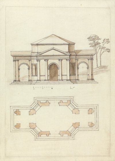 Budynek Townsenda w Rousham, Oxfordshire: elewacja i plan autorstwa William Kent