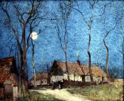 Postacie w księżycowej wiosce (akwarela na płótnie) autorstwa William Lee Hankey