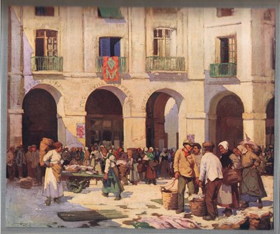 Targ rybny w Dieppe, z „Allies in Art” opublikowanego ok. 1925 r. (litografia kolorowa) autorstwa William Lee Hankey