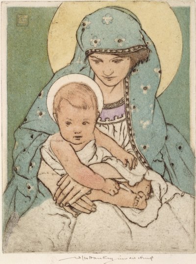 Maryja Panna z Dzieciątkiem Chrystus (ręcznie kolorowana sucha igła) autorstwa William Lee Hankey