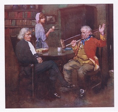 Płakał nad jego ranami lub opowieściami o dokonanym smutku, dźwigał kule na ramionach i pokazywał, jak zdobywano pola (kolorowa litografia) autorstwa William Lee Hankey