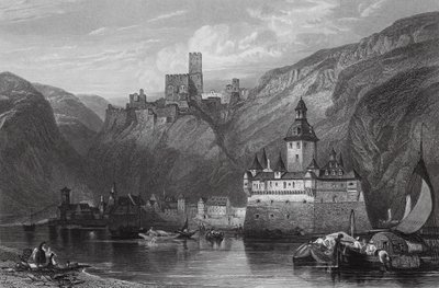 Caub, zamek Gutenfels i Palatynat, Ren (rycina) autorstwa William Leighton (after) Leitch