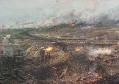 „Świt, 20 listopada 1917” – brytyjskie czołgi wjeżdżają do akcji w Cambrai we Francji autorstwa William Lionel (after) Wyllie