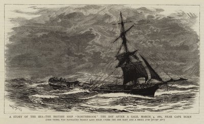 Opowieść o morzu, brytyjski statek Northbrook dzień po wichrze, 4 marca 1885, w pobliżu przylądka Horn autorstwa William Lionel Wyllie